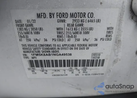 2022 Ford Police Interceptor from USA, damaged, VIN 1FM5K8AB1NGA49538